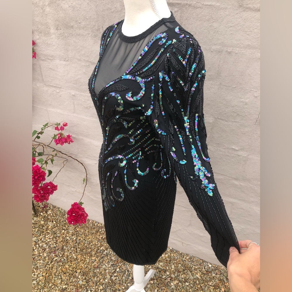 Vintage  mesh sequin beaded silk mini dress with long sleeve holiday sparkle - Picture 3 of 16